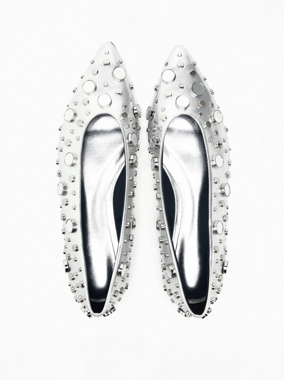 Zara mirrored studded Silver Pointed-Toe Ballet Flats